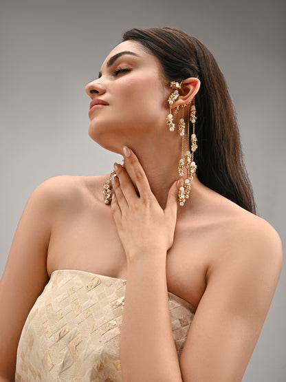 Gold Plated Kundan Layered Earcuff With Earrings Designed With White Colour Semi-Precious Stones And Light In Weight Bold Look Contemporary Style
