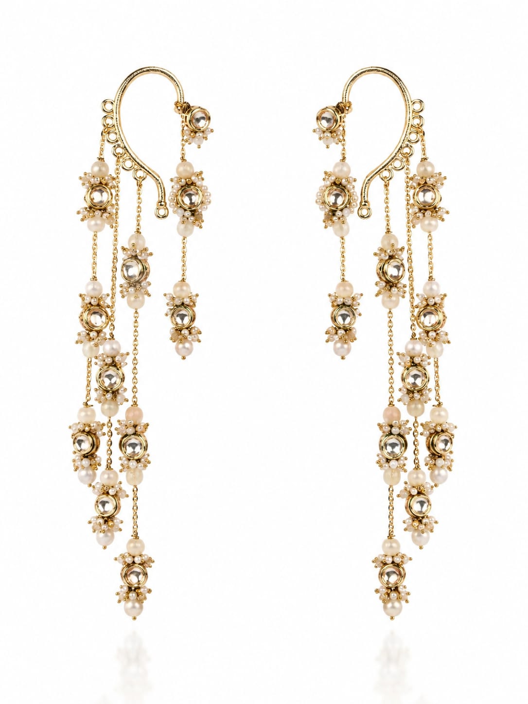 Gold Plated Kundan Layered Earcuff With Earrings Designed With White Colour Semi-Precious Stones And Light In Weight Bold Look Contemporary Style