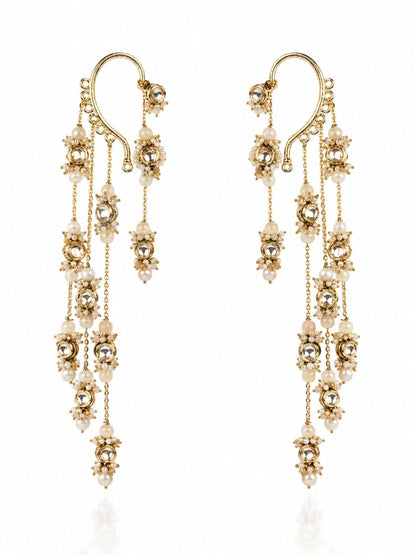 Gold Plated Kundan Layered Earcuff With Earrings Designed With White Colour Semi-Precious Stones And Light In Weight Bold Look Contemporary Style