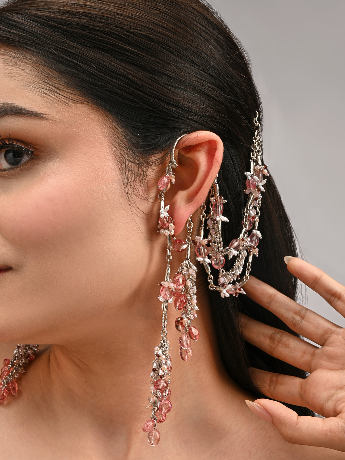 Viral And Trending Silver Plated Earcuff Earrings With Hair Extension Layers For A Fusion Style