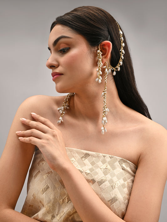 Pearl Drop Bunches Hangings Earcuff With Side Kaan Chain Bejeweling The Hair Style