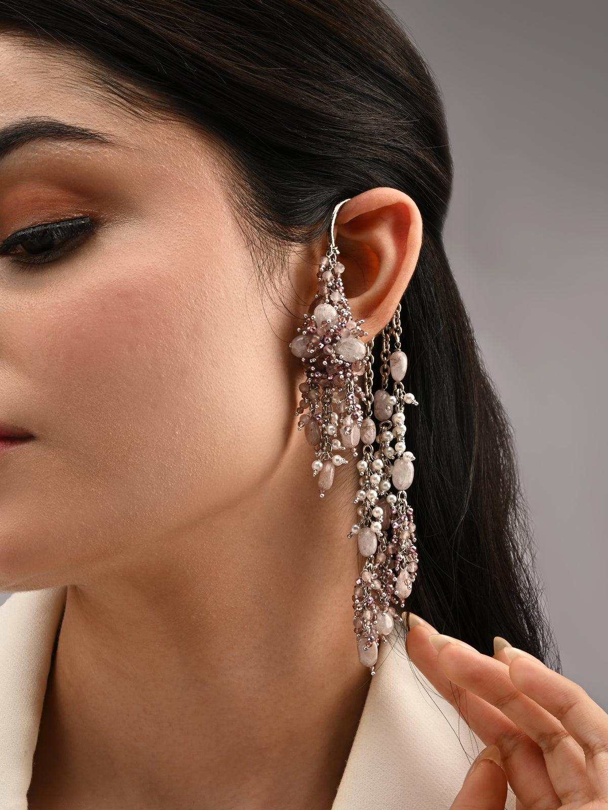 Handcrafted Lilac Crystal & Pearl Ear Cuff Earrings | Long Chain Statement Earrings for Women