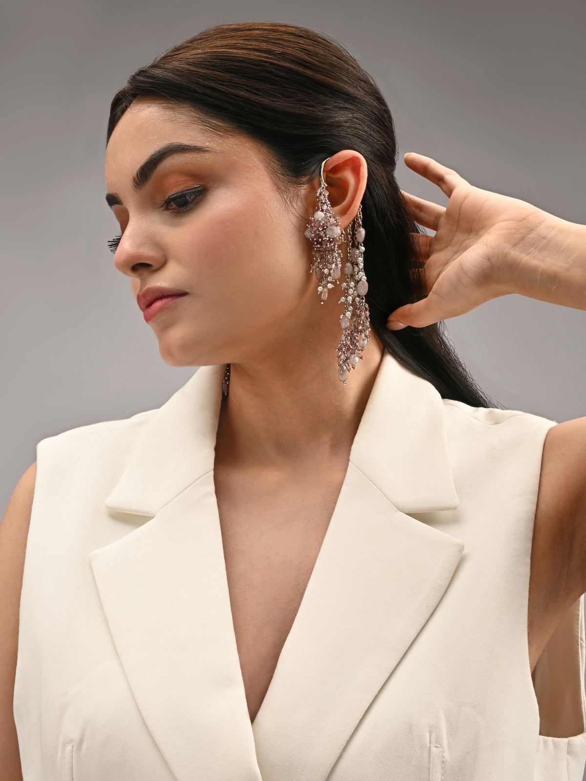 Handcrafted Lilac Crystal & Pearl Ear Cuff Earrings | Long Chain Statement Earrings for Women