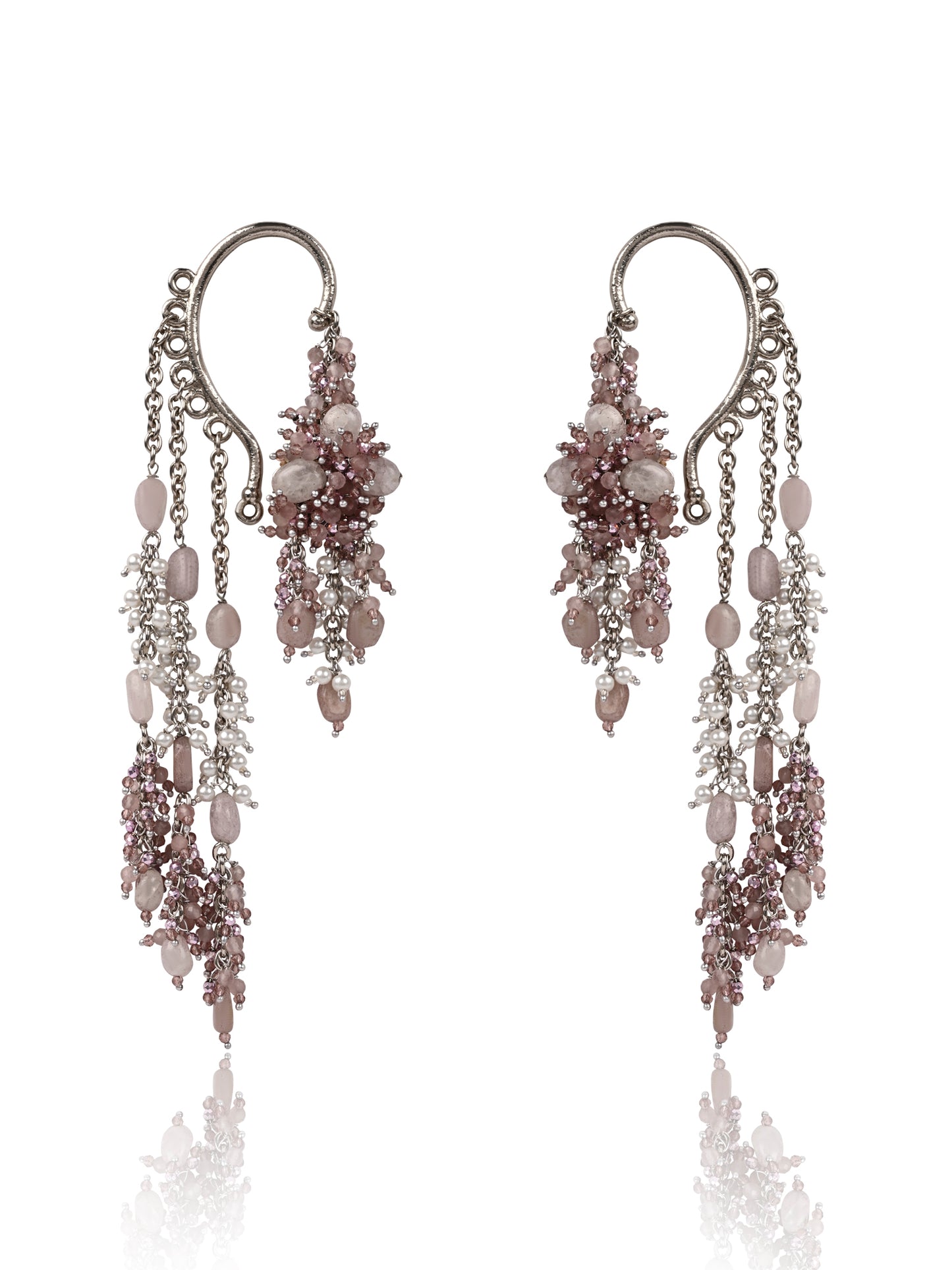 Handcrafted Lilac Crystal & Pearl Ear Cuff Earrings | Long Chain Statement Earrings for Women