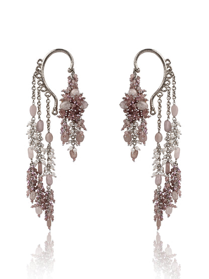 Handcrafted Lilac Crystal & Pearl Ear Cuff Earrings | Long Chain Statement Earrings for Women
