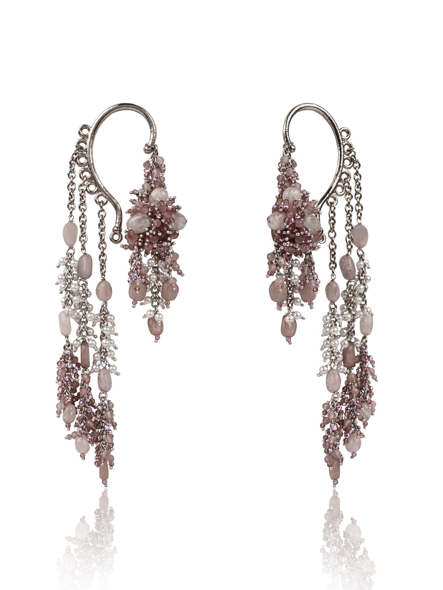 Handcrafted Lilac Crystal & Pearl Ear Cuff Earrings | Long Chain Statement Earrings for Women