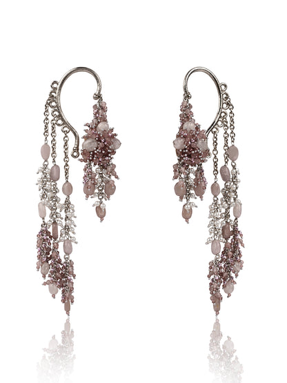 Handcrafted Lilac Crystal & Pearl Ear Cuff Earrings | Long Chain Statement Earrings for Women