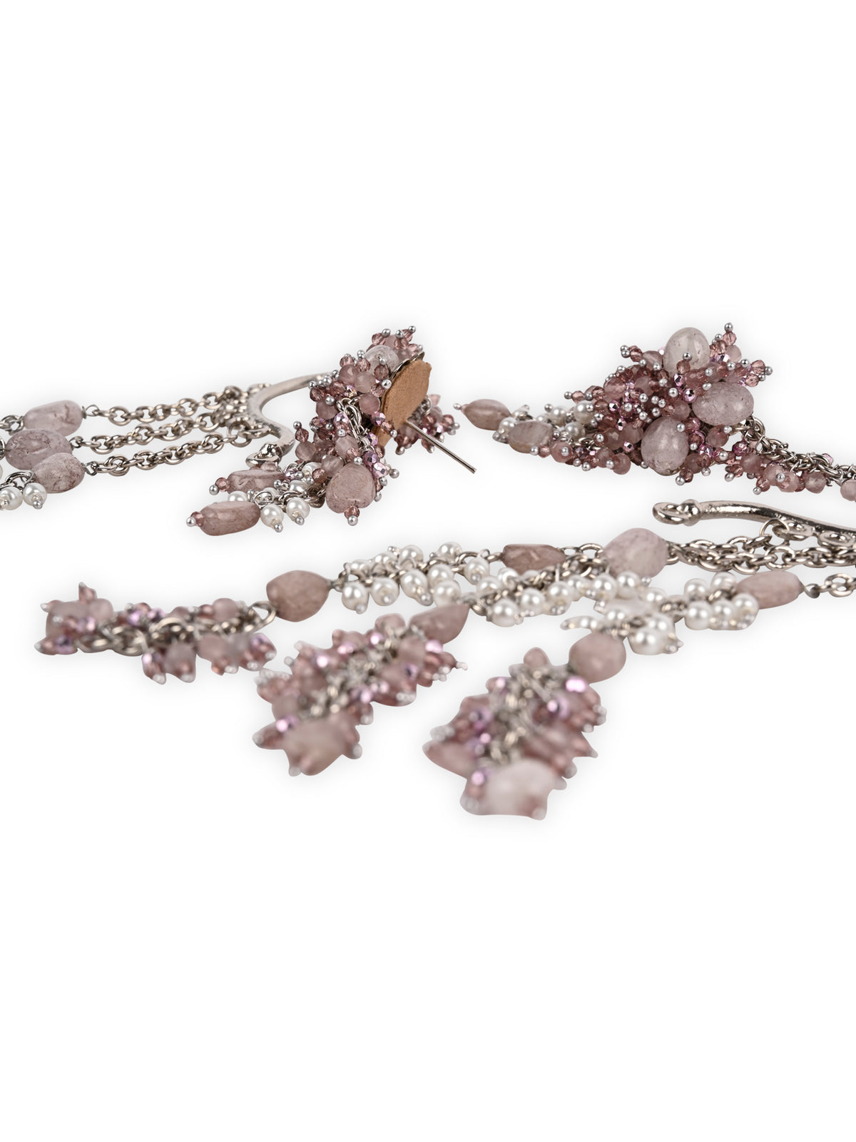 Handcrafted Lilac Crystal & Pearl Ear Cuff Earrings | Long Chain Statement Earrings for Women