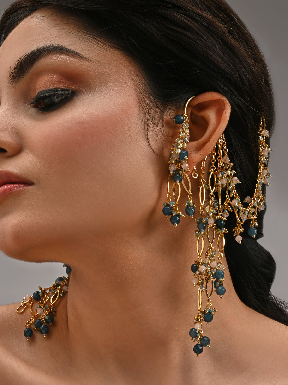 Navy Blue Gold Beaded Kaan Chain Ear Cuff | Handmade Hair Jewellery for Weddings & Carnivals