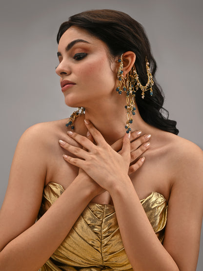 Navy Blue Gold Beaded Kaan Chain Ear Cuff | Handmade Hair Jewellery for Weddings & Carnivals