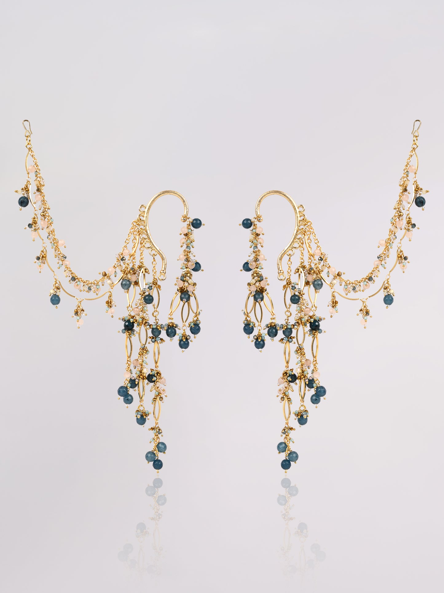 Navy Blue Gold Beaded Kaan Chain Ear Cuff | Handmade Hair Jewellery for Weddings & Carnivals