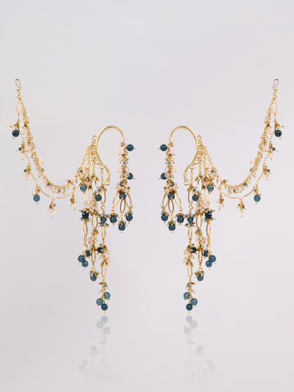 Navy Blue Gold Beaded Kaan Chain Ear Cuff | Handmade Hair Jewellery for Weddings & Carnivals