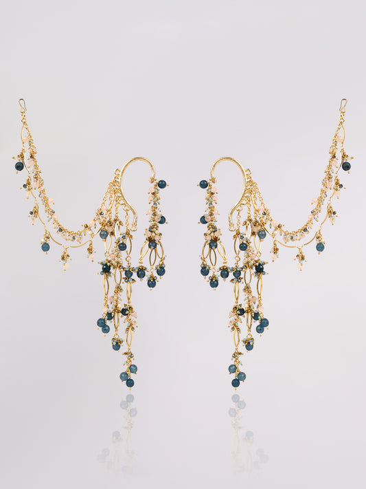 Navy Blue Gold Beaded Kaan Chain Ear Cuff | Handmade Hair Jewellery for Weddings & Carnivals