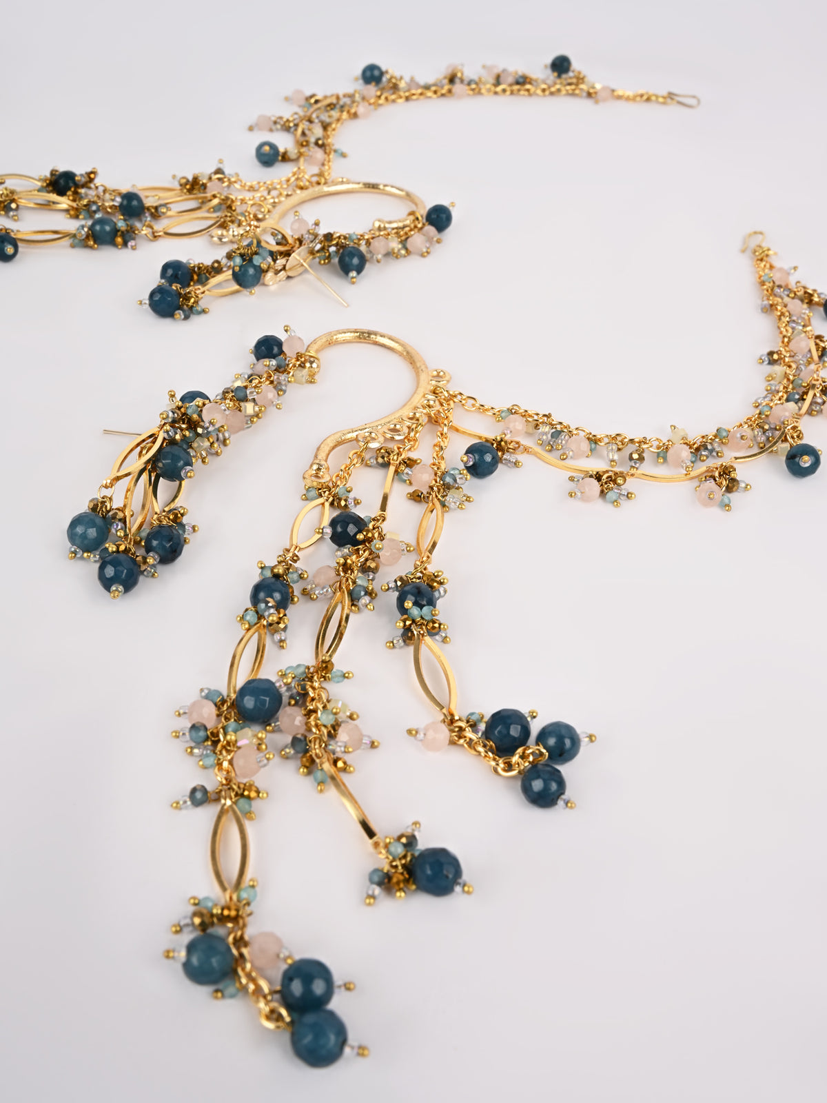 Navy Blue Gold Beaded Kaan Chain Ear Cuff | Handmade Hair Jewellery for Weddings & Carnivals