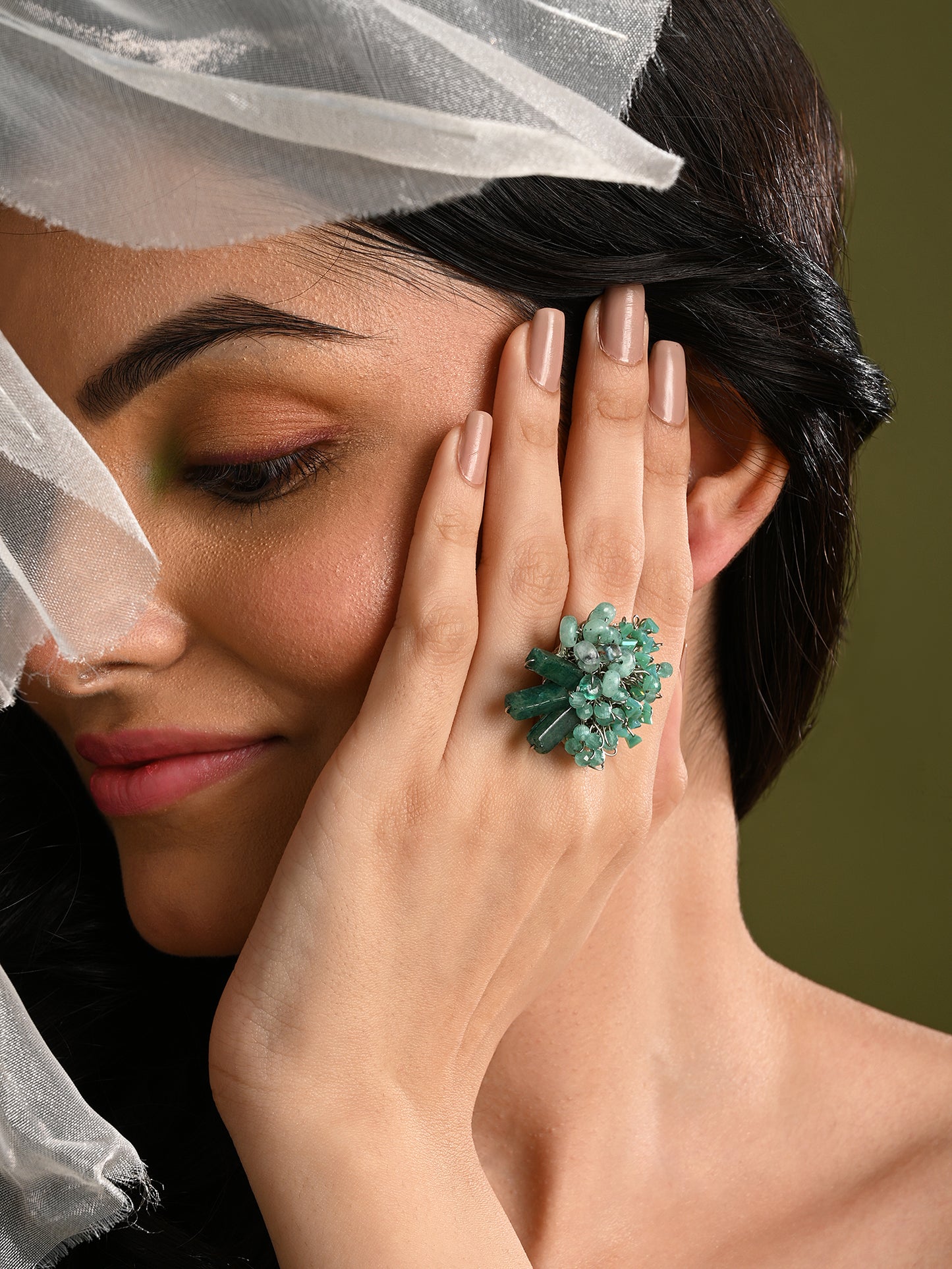 Silver Plated Green Stone Adjustable Wedding Ring