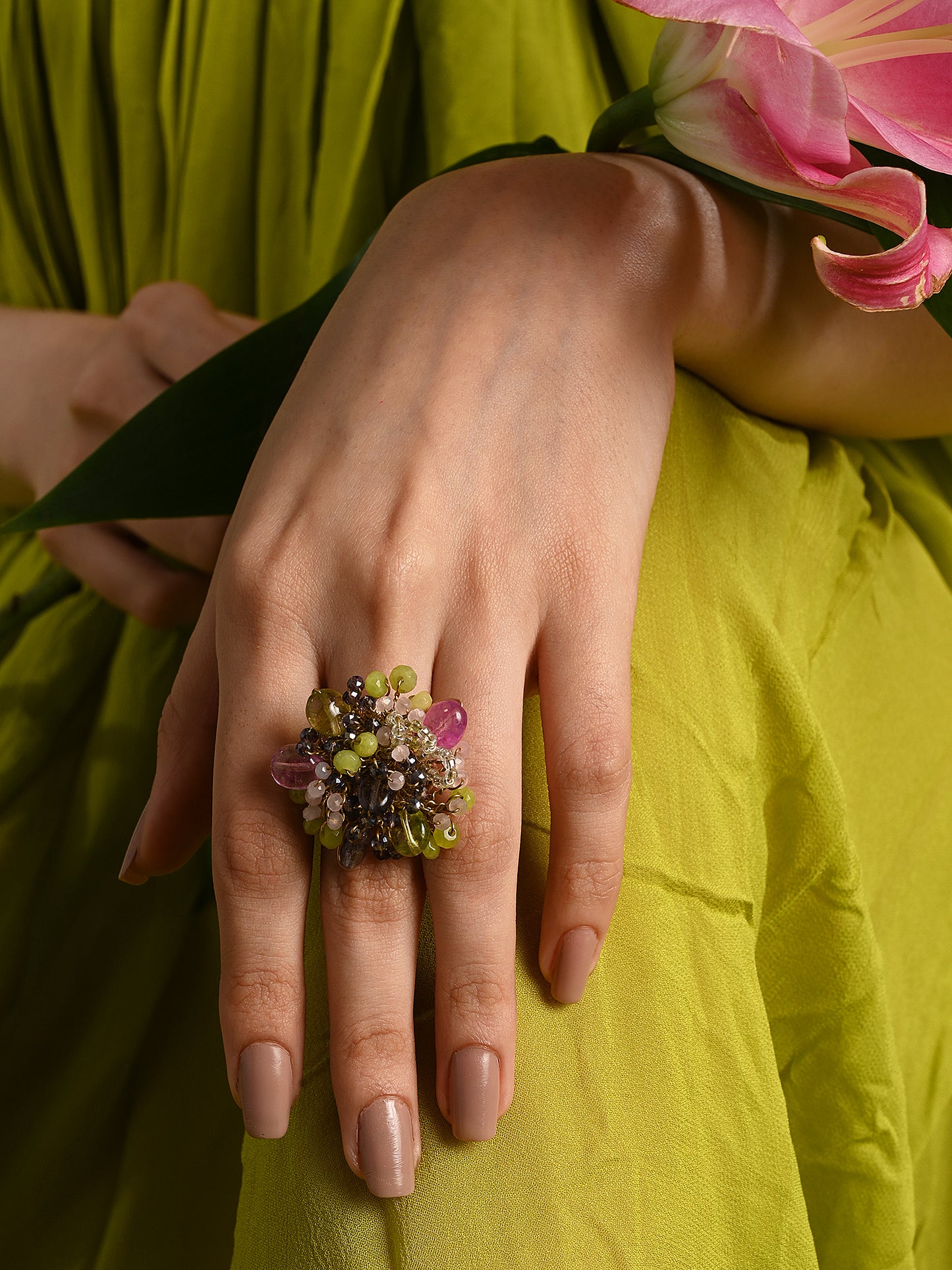 Colourful Stone Haldi Mehendi Wedding Adjustable Ring