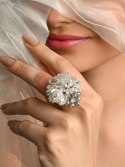 White Drop Pearl Silver Adjustable Ring For Women