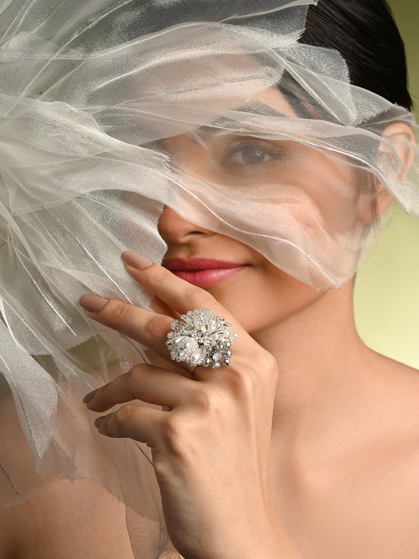 White Drop Pearl Silver Adjustable Ring For Women