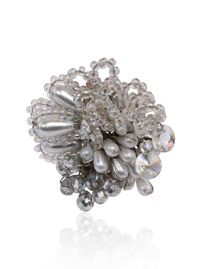 White Drop Pearl Silver Adjustable Ring For Women