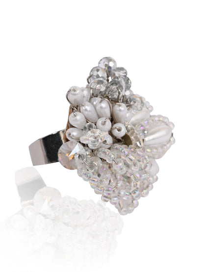 White Drop Pearl Silver Adjustable Ring For Women