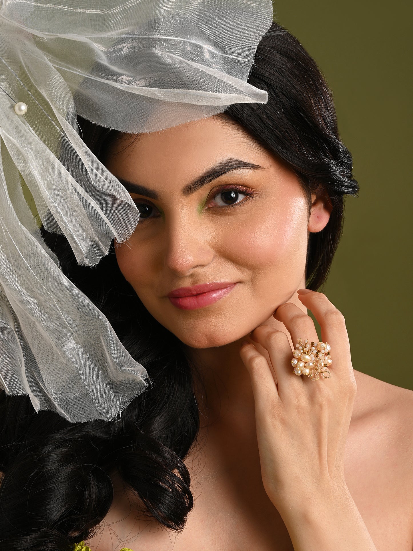 Peach Pearl And Crystal Gold Plated Ring For All Fingers