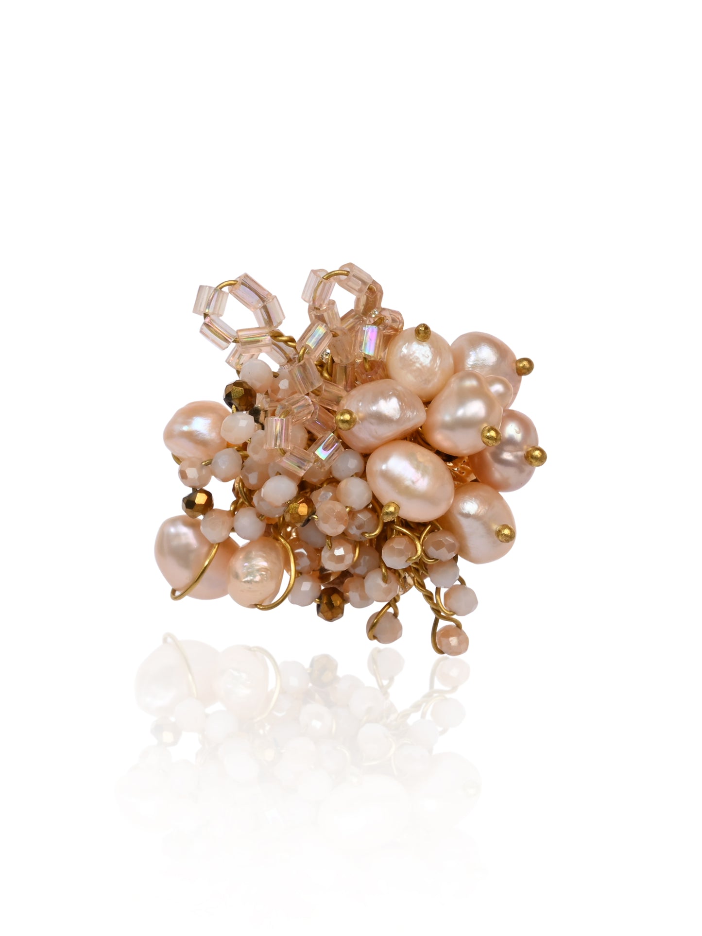 Peach Pearl And Crystal Gold Plated Ring For All Fingers