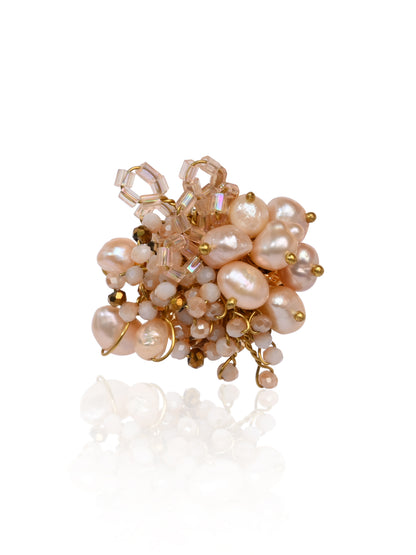 Peach Pearl And Crystal Gold Plated Ring For All Fingers