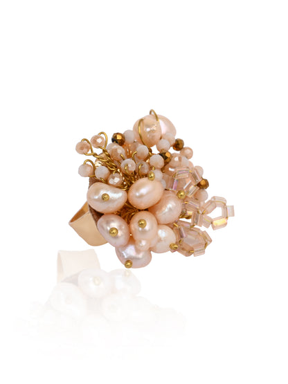 Peach Pearl And Crystal Gold Plated Ring For All Fingers