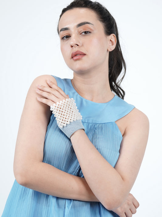 Denim Drapery Pearl Embellisshed Gloves