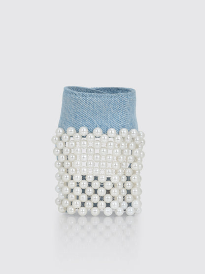 Denim Drapery Pearl Embellisshed Gloves
