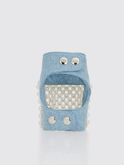 Denim Drapery Pearl Embellisshed Gloves
