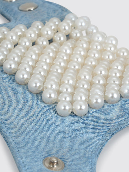 Denim Drapery Pearl Embellisshed Gloves