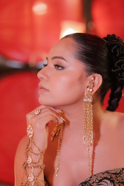 Handmade Golden Extra Long Earrings With Top Extentions And Kundan Hanging Going Below The Shoulder