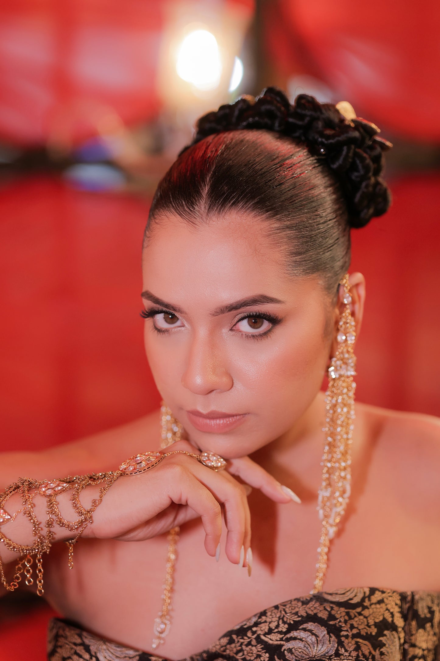 Handmade Golden Extra Long Earrings With Top Extentions And Kundan Hanging Going Below The Shoulder