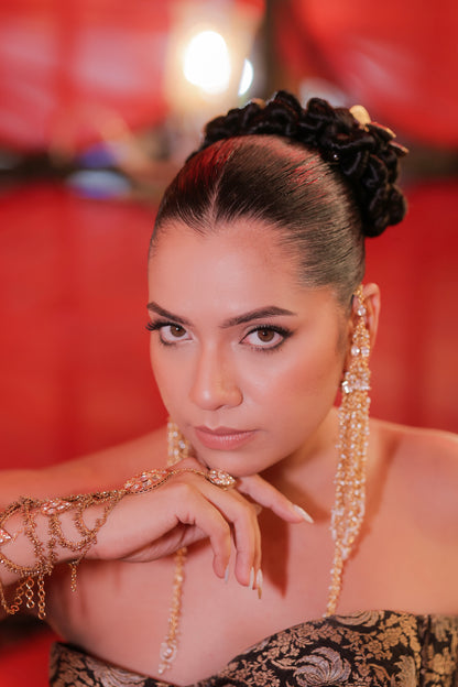 Handmade Golden Extra Long Earrings With Top Extentions And Kundan Hanging Going Below The Shoulder