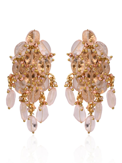 Peach Stone Oval Shape Earrings With Pink Crystal