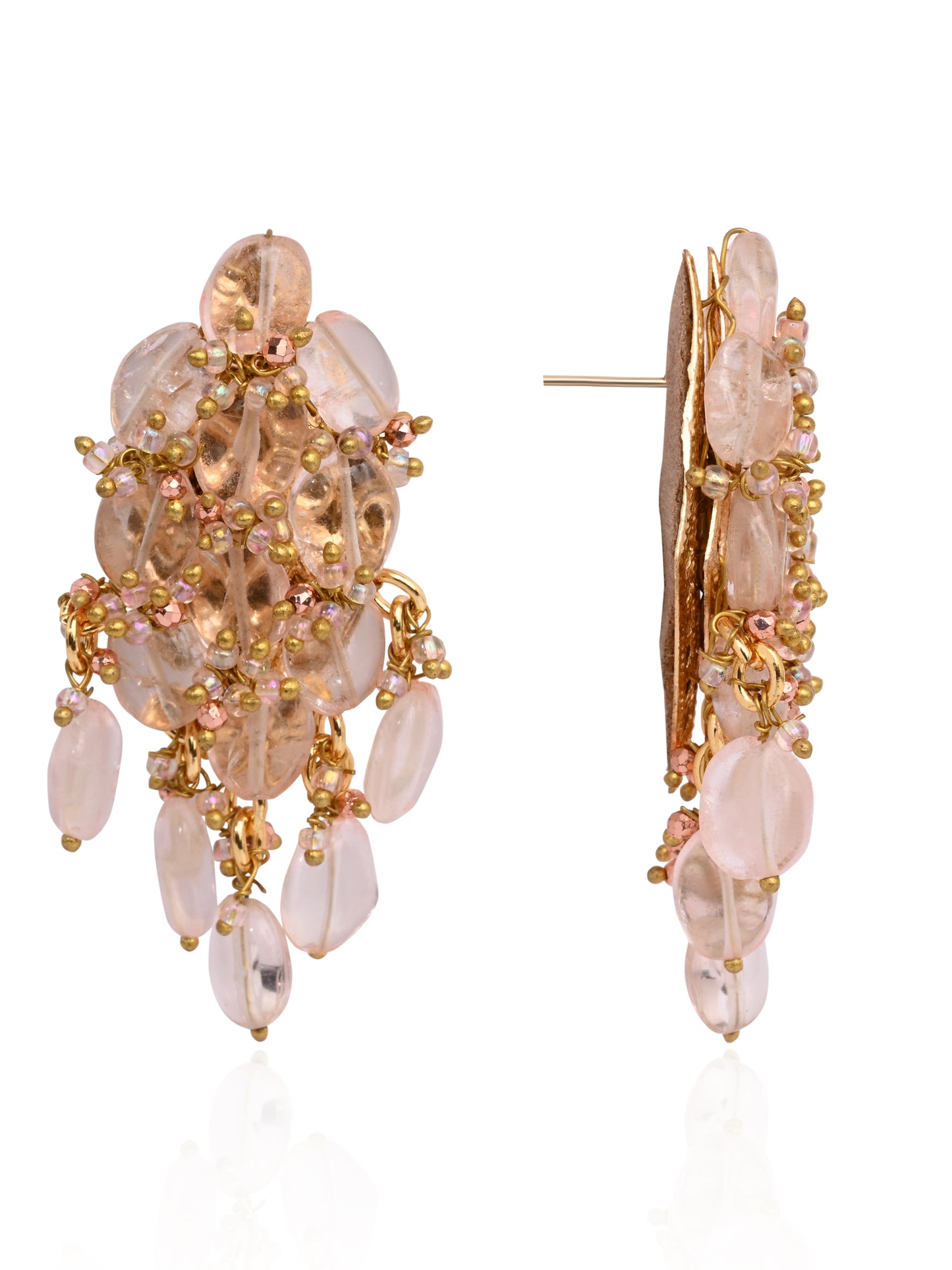 Peach Stone Oval Shape Earrings With Pink Crystal