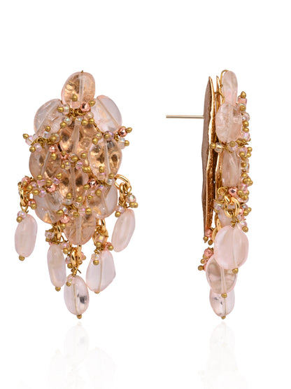 Peach Stone Oval Shape Earrings With Pink Crystal