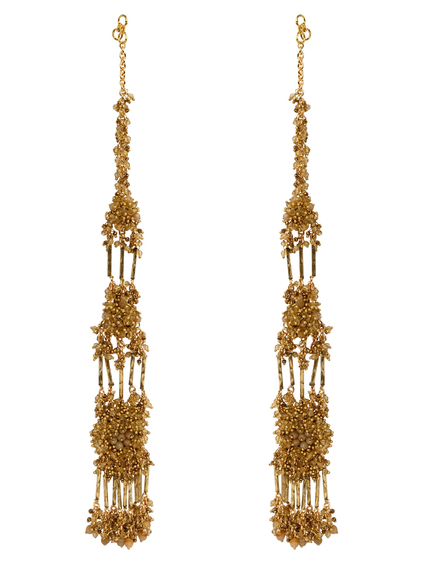 Handcrafted Metallic Golden Earrings Designed On A Gold Plated Base Metal, Long Three Layer Ear Chain Earrings