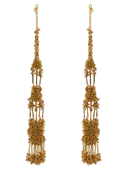 Handcrafted Metallic Golden Earrings Designed On A Gold Plated Base Metal, Long Three Layer Ear Chain Earrings