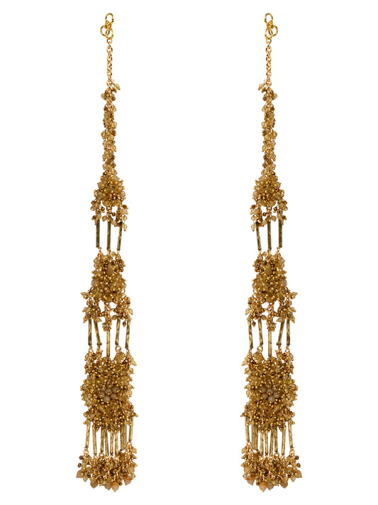 Handcrafted Metallic Golden Earrings Designed On A Gold Plated Base Metal, Long Three Layer Ear Chain Earrings