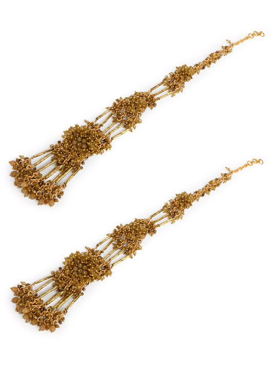 Handcrafted Metallic Golden Earrings Designed On A Gold Plated Base Metal, Long Three Layer Ear Chain Earrings