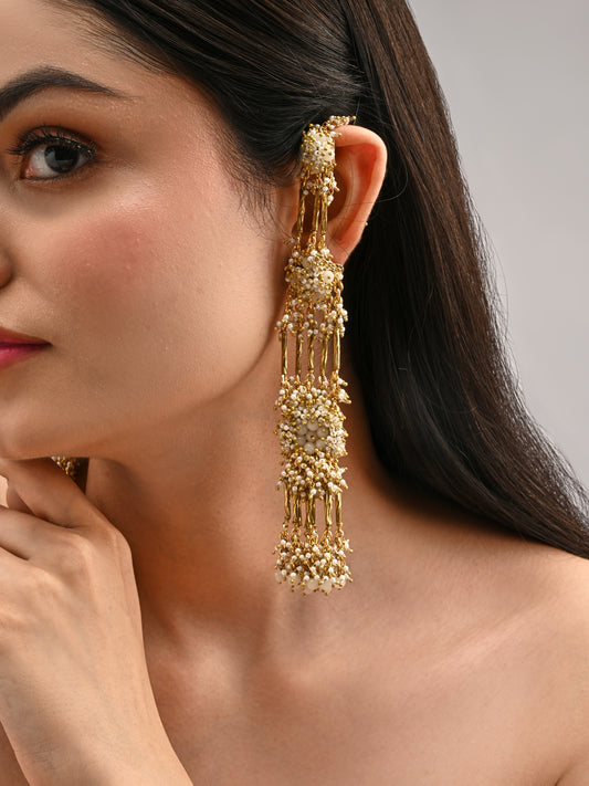 Gold Plated Base Metal Topped With Metallic Pipes Beige Stones And A Combination Of Golden Metallic Crystals Long Ear Chain Earrings
