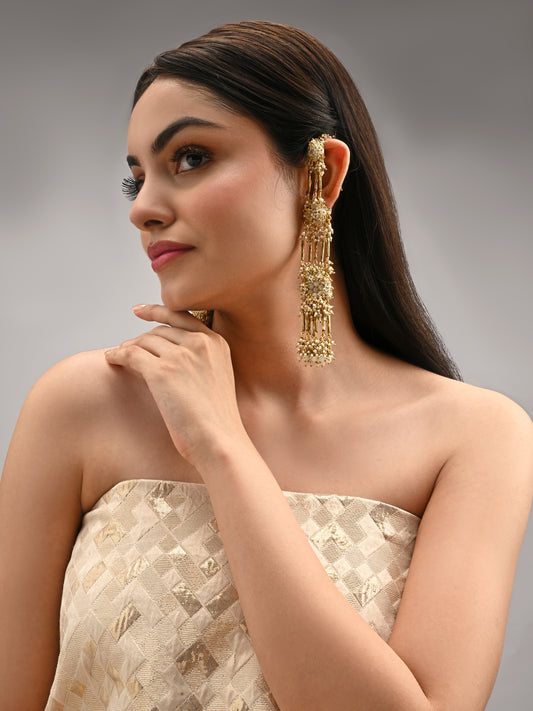Gold Plated Base Metal Topped With Metallic Pipes Beige Stones And A Combination Of Golden Metallic Crystals Long Ear Chain Earrings