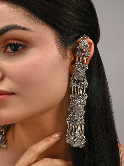 Handcrafted Silver Base Metal Three Layer Kaan Chain Earrings For Bold Look