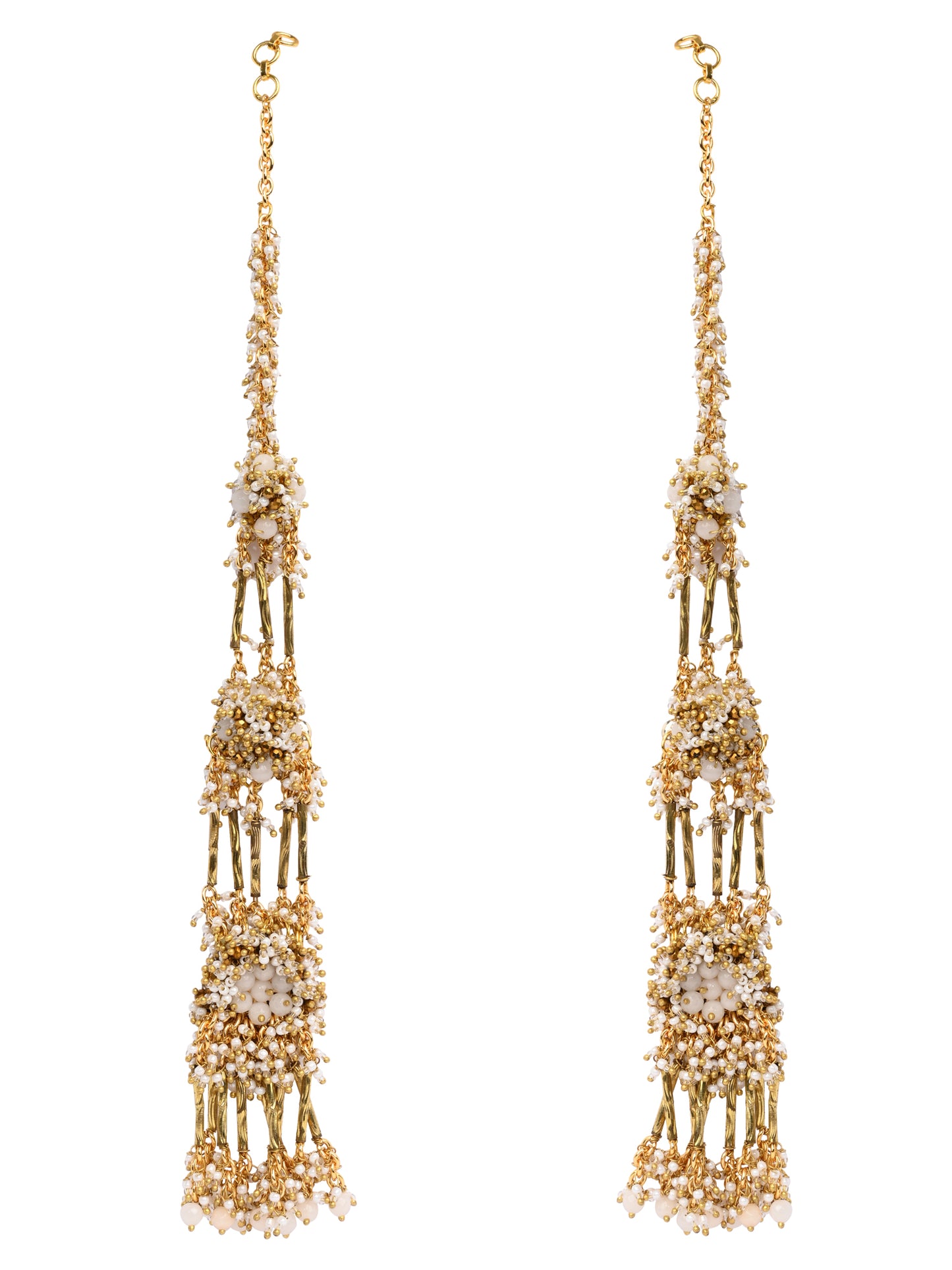Gold Plated Base Metal Topped With Metallic Pipes Beige Stones And A Combination Of Golden Metallic Crystals Long Ear Chain Earrings