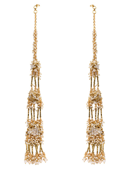 Gold Plated Base Metal Topped With Metallic Pipes Beige Stones And A Combination Of Golden Metallic Crystals Long Ear Chain Earrings