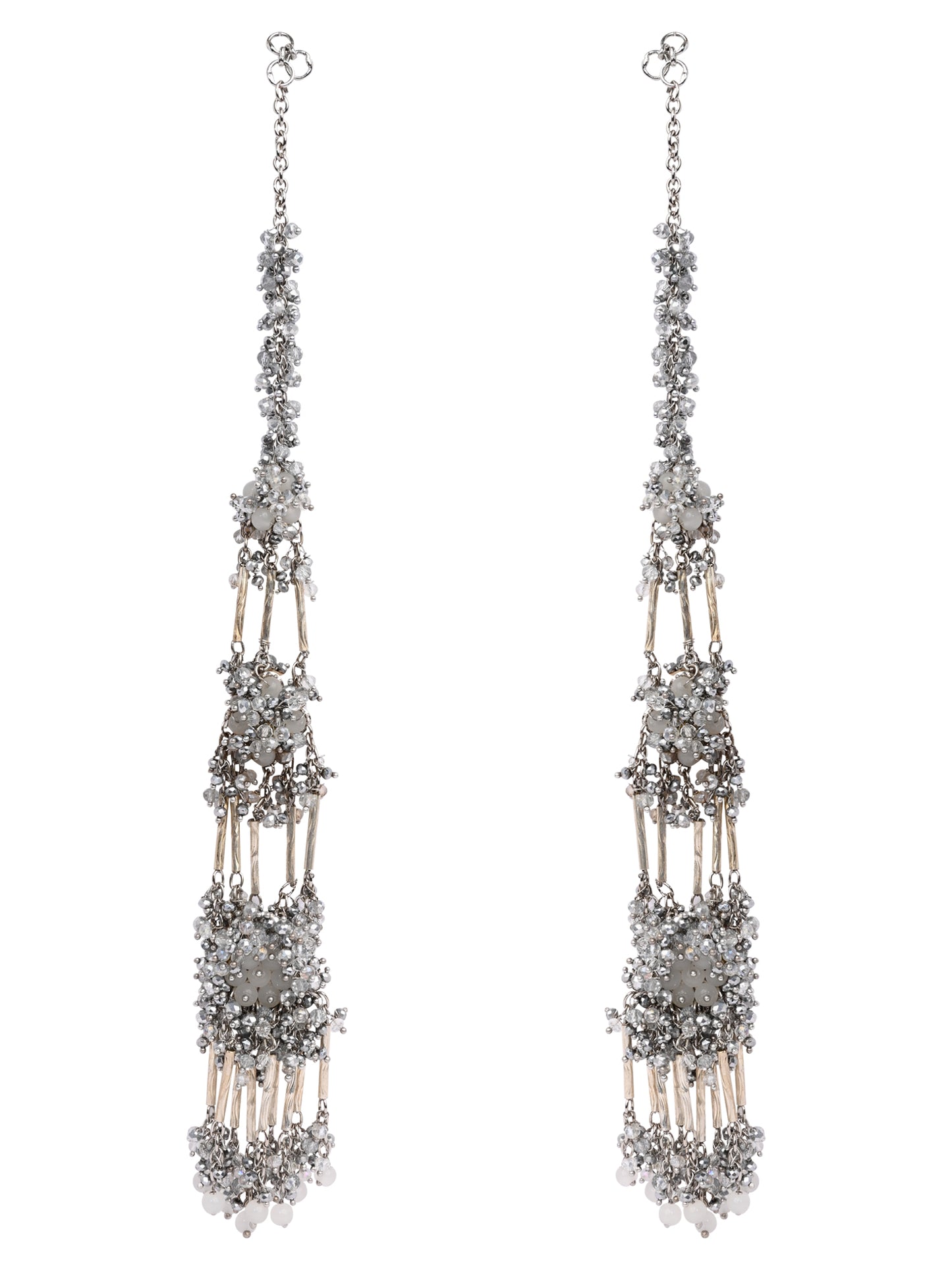 Handcrafted Silver Base Metal Three Layer Kaan Chain Earrings For Bold Look