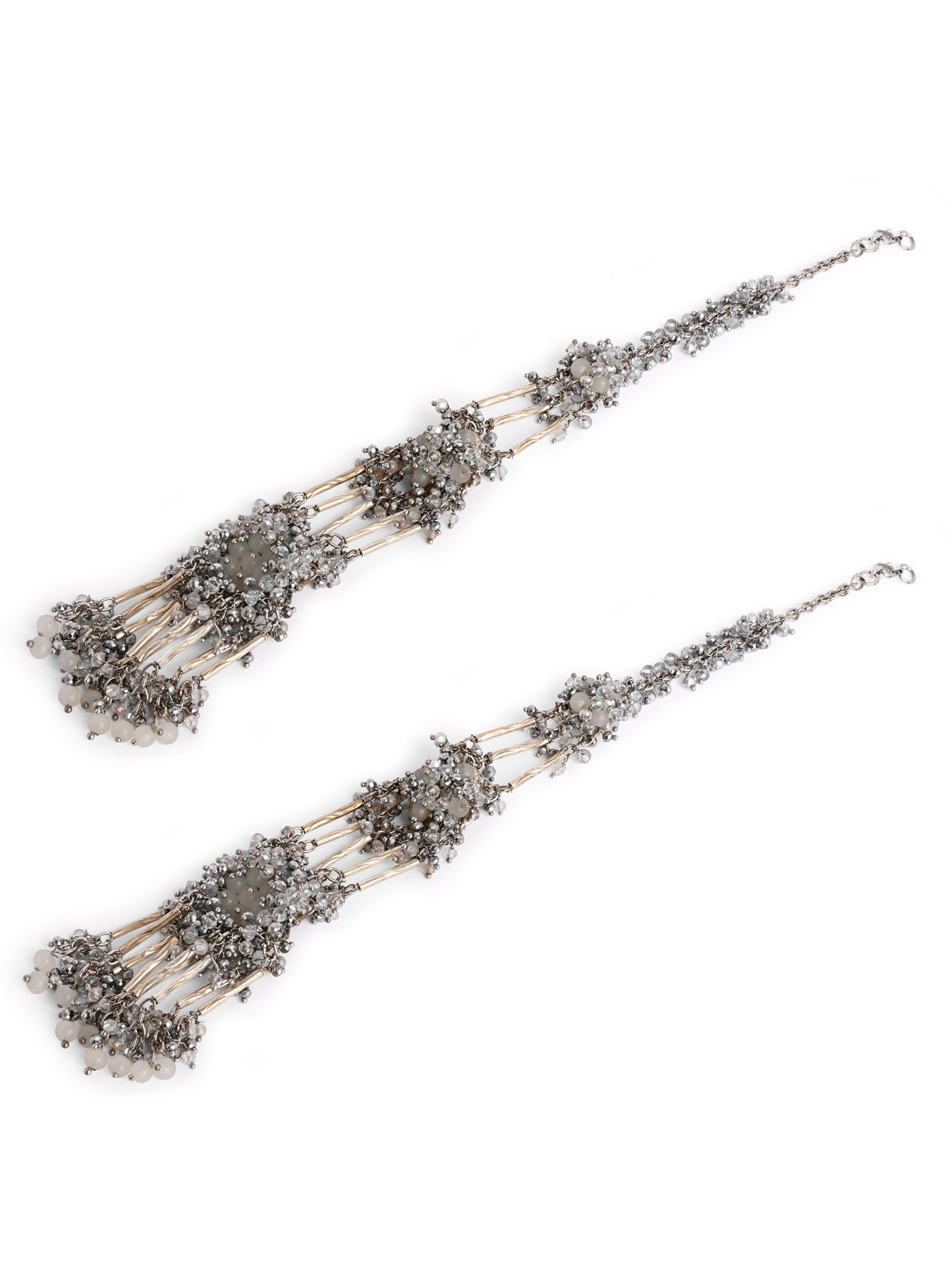 Handcrafted Silver Base Metal Three Layer Kaan Chain Earrings For Bold Look