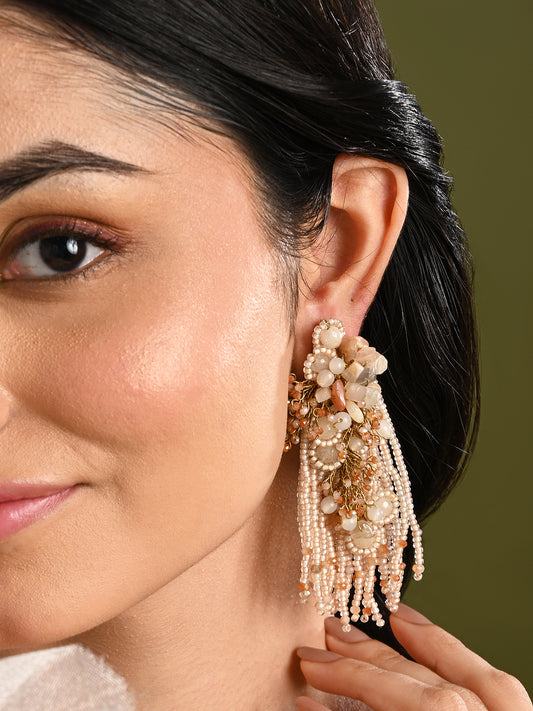 Beige Long Crystal Tassel Haldi Earrings
